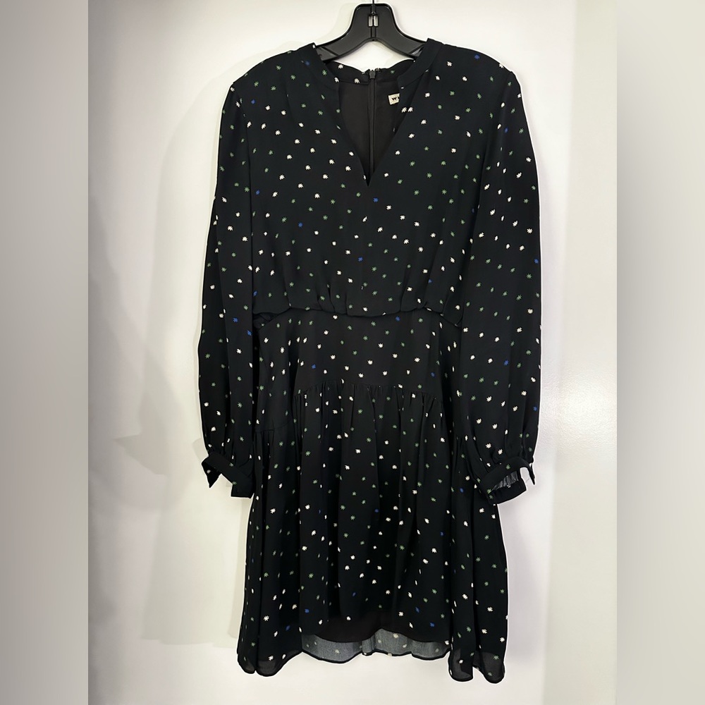 Long sleeve flowy silk Whistles dress, black with blue, green, and white pattern
